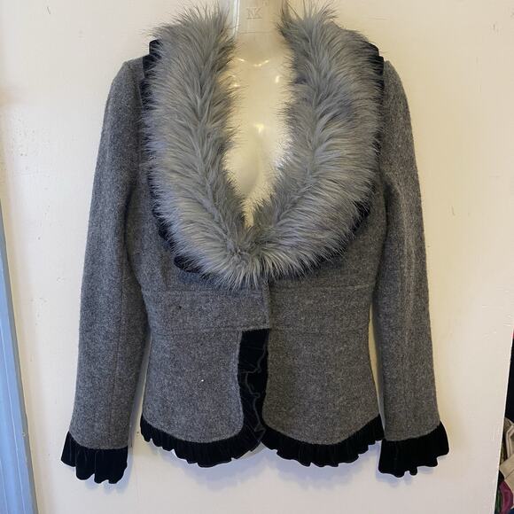 Y2K Gothic Jacket Wool Faux Fur Ruffle Velvet Trim Witch Halloween Whimsigoth S - Picture 1 of 13